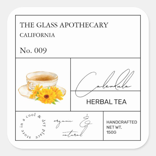 Apothekar Calendula Kräuterteetikett Quadratischer Aufkleber (Vorderseite)