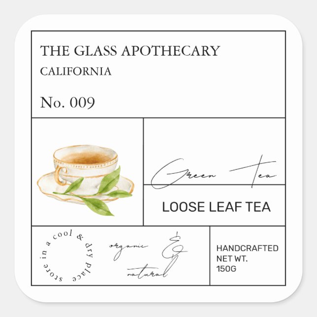 Apothekar, Grüne Tee Lose Leaf Tee Quadratischer Aufkleber (Vorderseite)