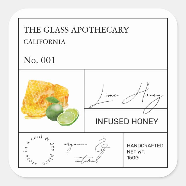Apothekarisches Limones Honiglabel Quadratischer Aufkleber (Vorderseite)