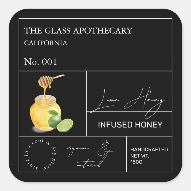 Apothekarisches Limones Honiglabel Quadratischer Aufkleber (Vorderseite)