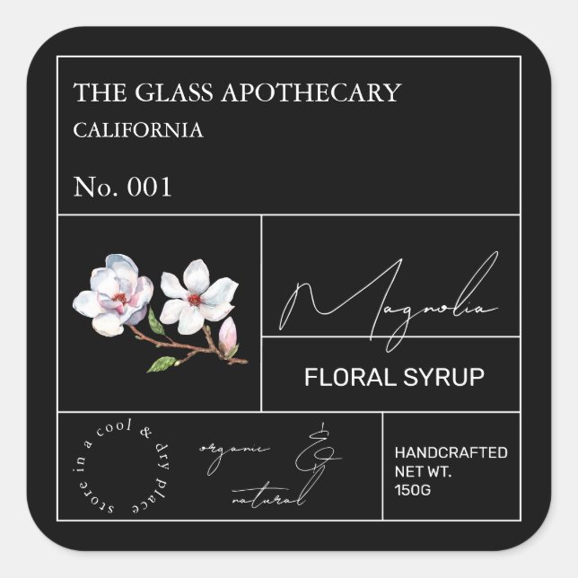 Apothekarisches Magnolienlabel Quadratischer Aufkleber (Vorderseite)