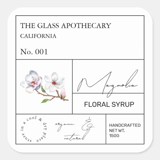 Apothekarisches Magnolienlabel Quadratischer Aufkleber (Vorderseite)