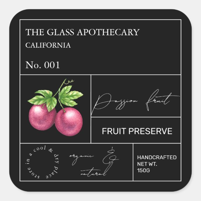 Apothekarisches Passion Fruchtlabel Quadratischer Aufkleber (Vorderseite)