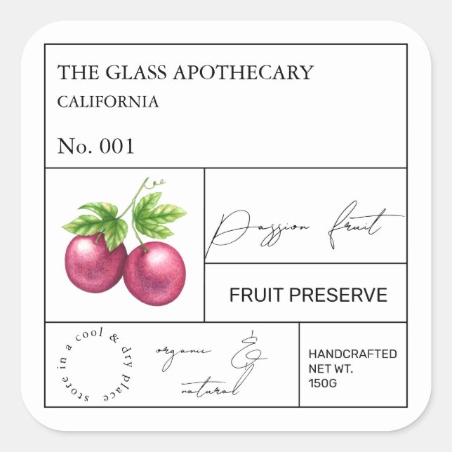 Apothekarisches Passion Fruchtlabel Quadratischer Aufkleber (Vorderseite)
