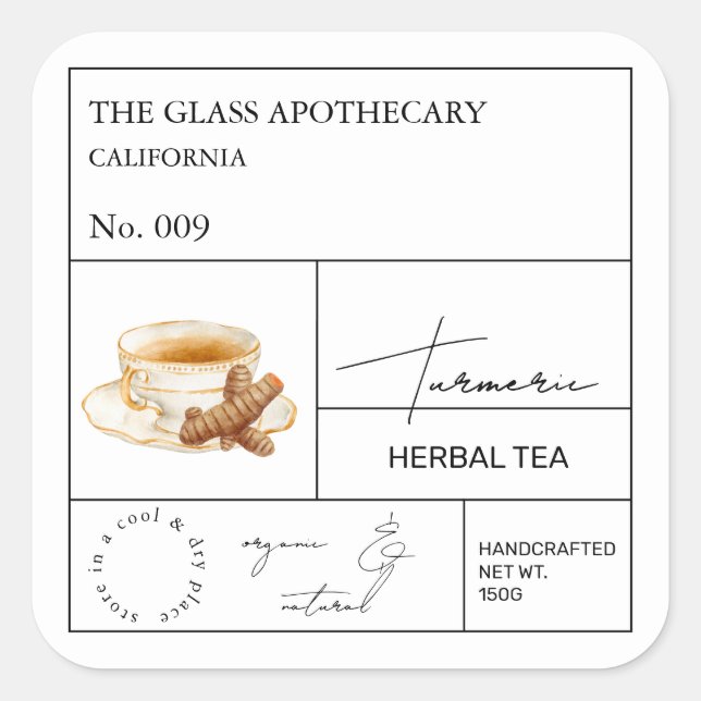 Apothekarisches Turmherbal-Teezeichen Quadratischer Aufkleber (Vorderseite)