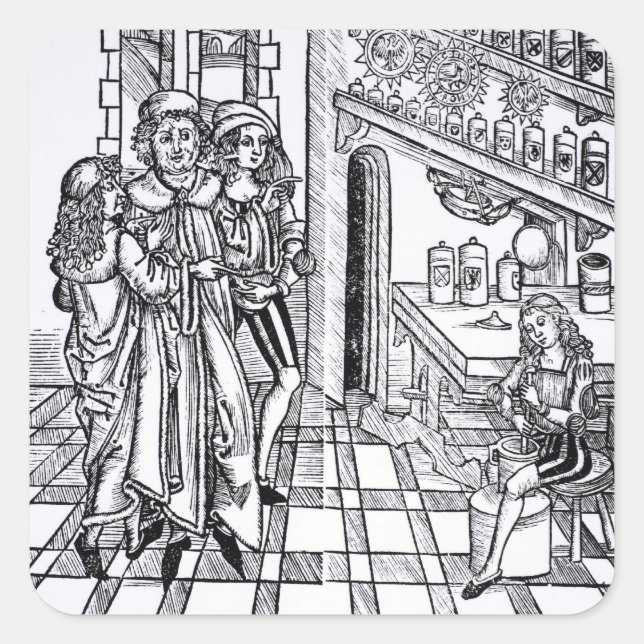 Apothekengeschäft, im Pub "Das Buch der Cirugia" Quadratischer Aufkleber (Vorderseite)