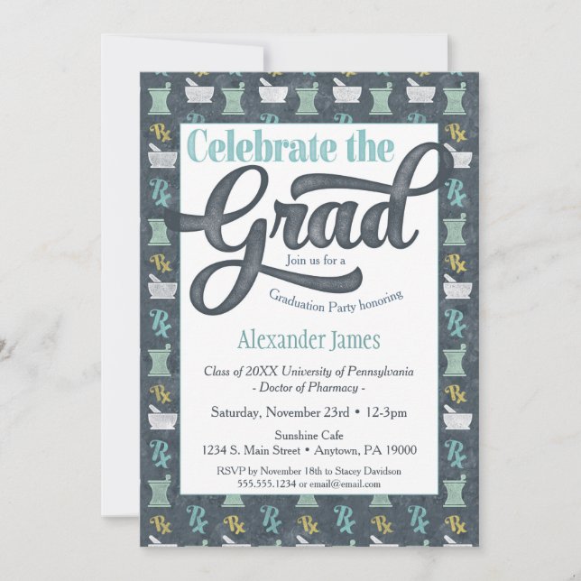 Apotheker Graduation Party Einladung Gray Aqua (Vorderseite)