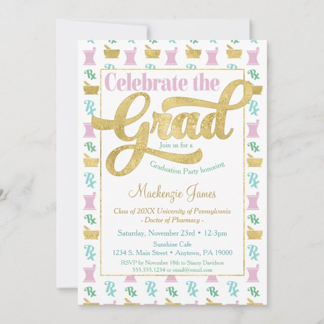 Apotheker Graduation Party Einladung Pink Gold (Vorderseite)