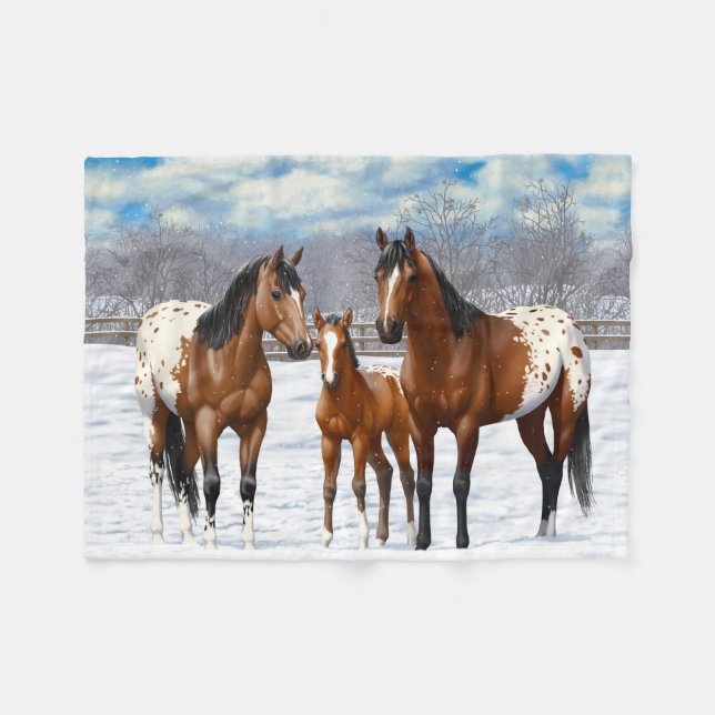 Appaloosa brauner Bucht Pferde im Schnee Fleecedecke (Vorderseite (Horizontal))