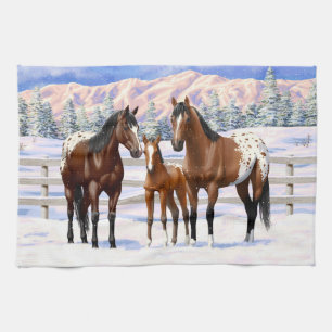 Appaloosa brauner Bucht Pferde im Schnee Geschirrtuch