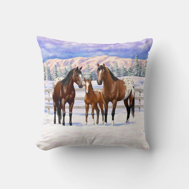 Appaloosa brauner Bucht Pferde im Schnee Kissen (Vorderseite)