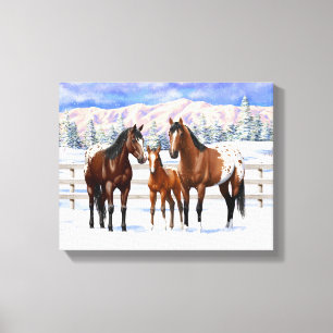 Appaloosa brauner Bucht Pferde im Schnee Leinwanddruck