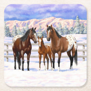 Appaloosa brauner Bucht Pferde im Schnee Rechteckiger Pappuntersetzer
