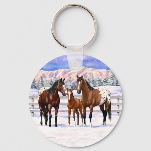 Appaloosa brauner Bucht Pferde im Schnee Schlüsselanhänger (Vorderseite)