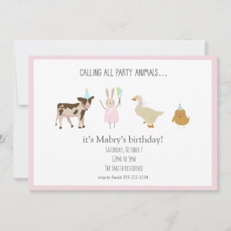 Appel à tous les animaux de fête Fille Invitation 