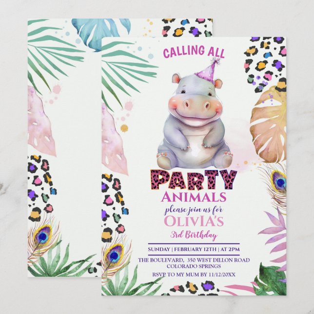 Appel à tous les animaux de fête Hippo Invitation  (Devant / Derrière)