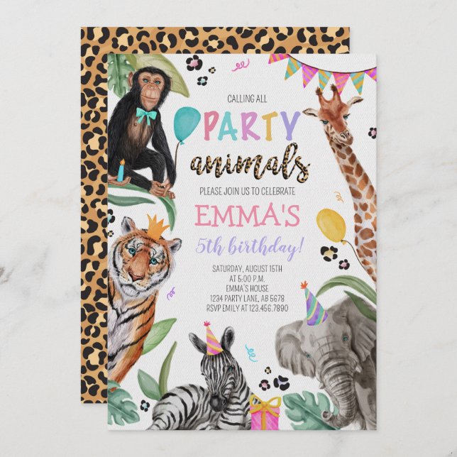 Appel à tous les animaux de fête Invitation d'anni (Devant / Derrière)
