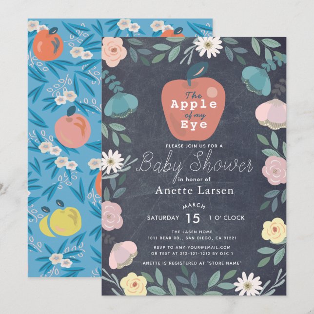 Apple Black Chalkboard Floral Blue Baby Dusche Einladung (Vorne/Hinten)