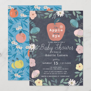 Apple Black Chalkboard Floral Blue Baby Dusche Einladung