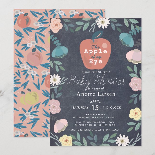 Apple Black Chalkboard Floral Pink Baby Dusche Einladung (Vorne/Hinten)