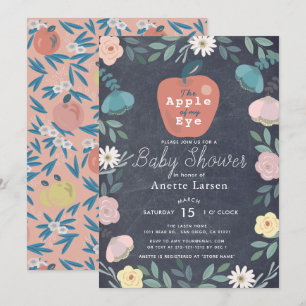 Apple Black Chalkboard Floral Pink Baby Dusche Einladung