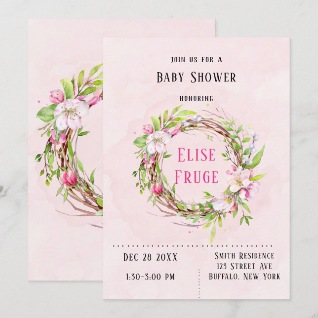 Apple Blossom Tree Wreath Girl Babydusche Einladung (Vorne/Hinten)