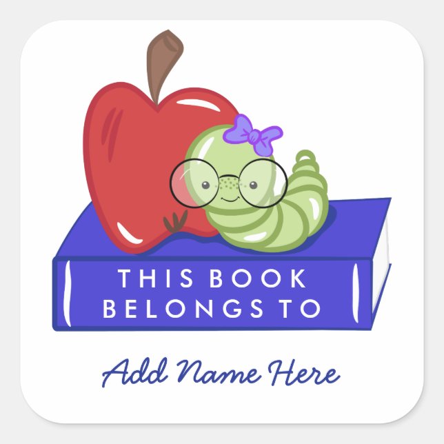 Apple & Bookworm Dieses Buch gehört Quadratischer Aufkleber (Vorderseite)