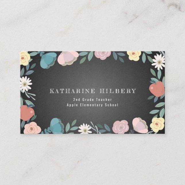 Apple Floral Garden Black Chalkboard Lehrer Visitenkarte (Vorderseite)