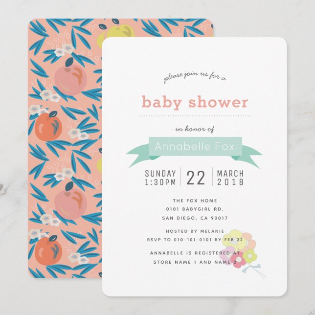Apple Floral Pink Navy Baby Dusche Einladung (Vorne/Hinten)