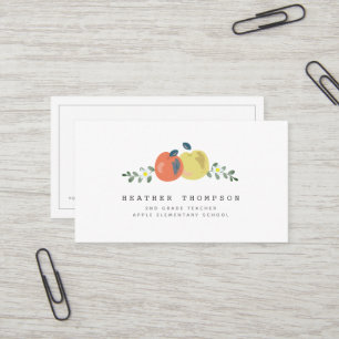 Apple Floral White Simple Teacher Business Card Visitenkarte