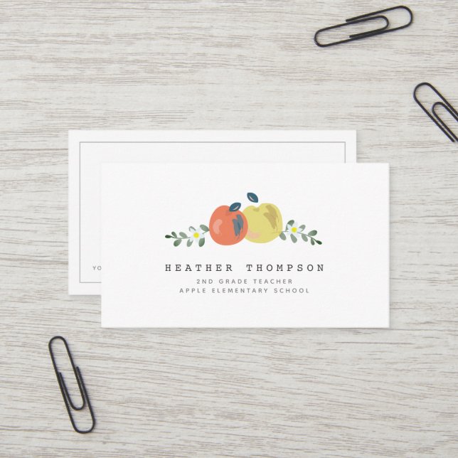 Apple Floral White Simple Teacher Business Card Visitenkarte (Vorderseite/Rückseite Beispiel)