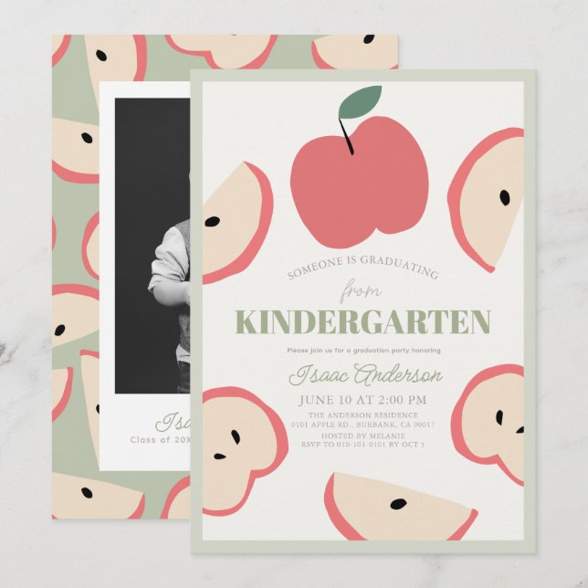 Apple Foto Green Boy Kindergarten Abschluss Einladung (Vorne/Hinten)