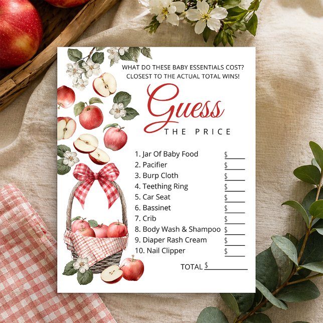 Apple & Gingham Baby Shower Raten Sie das Preisspi Flyer (Guess The Price - Baby Shower Game)
