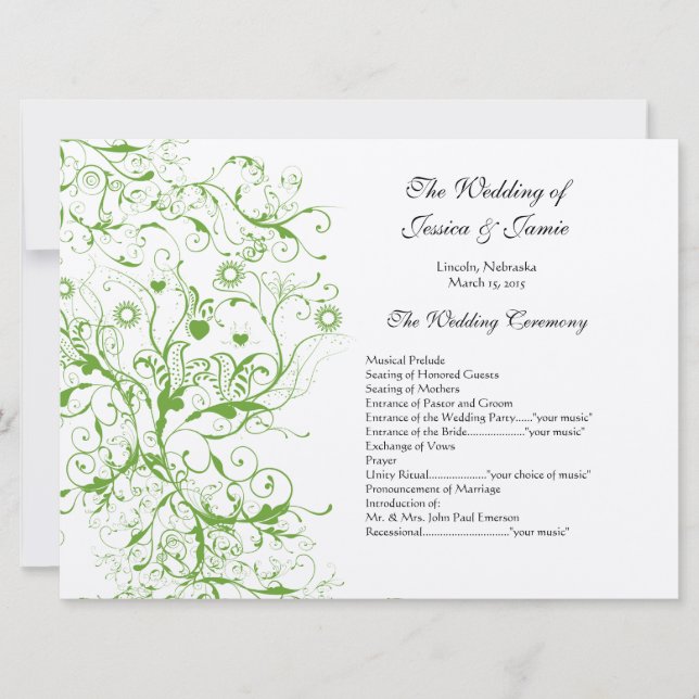 Apple Green Black Birds Swirl Order of Service Einladung (Vorderseite)