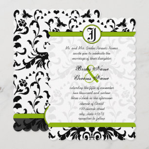 Apple Green Black Bubble Bee Damask Wedite Einladung
