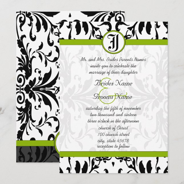 Apple Green & Black Damask Einladung (Vorne/Hinten)