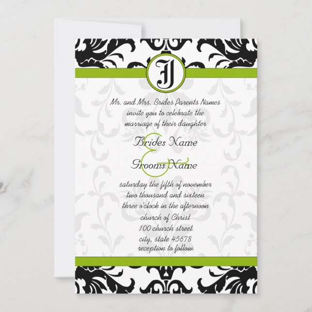 Apple Green & Black Damask Einladung (Vorderseite)