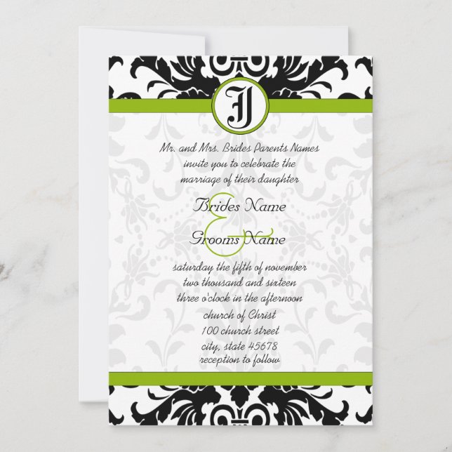Apple Green & Black Damask Einladung (Vorderseite)
