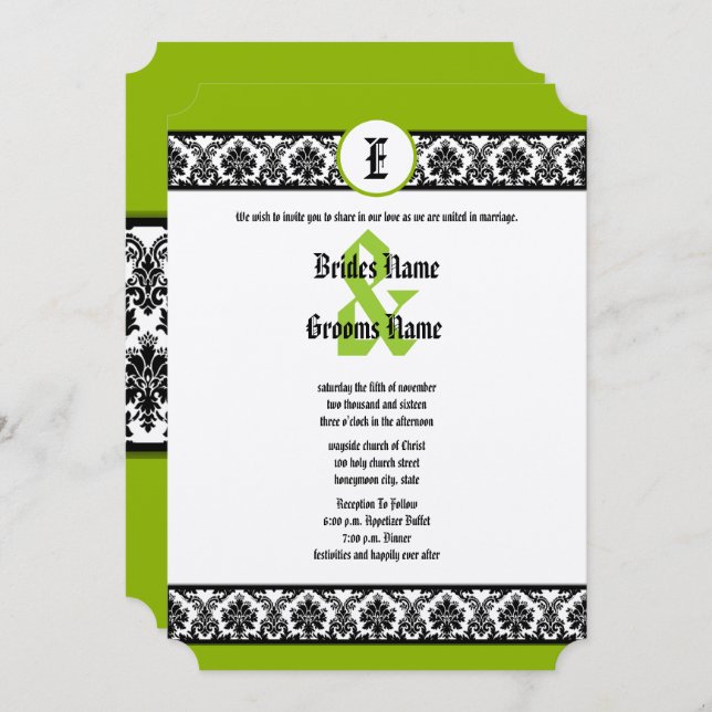 Apple Green & Black Damask Einladung (Vorne/Hinten)