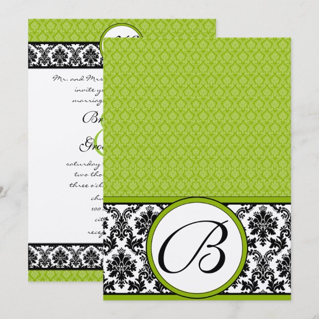 Apple Green & Black Damask Einladung (Vorne/Hinten)
