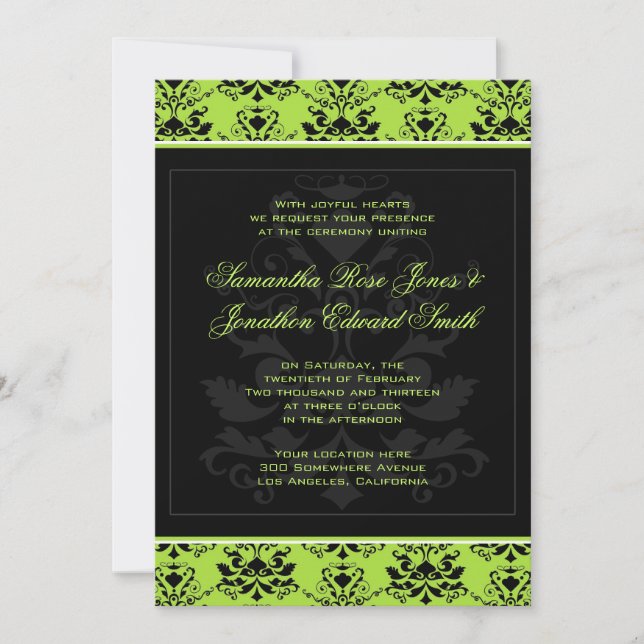 Apple Green & Black Damask Einladung zur Hochzeit (Vorderseite)