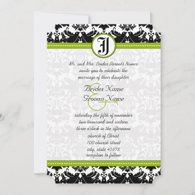 Apple Green Black Love Bird Damask Wedite Einladung (Vorderseite)