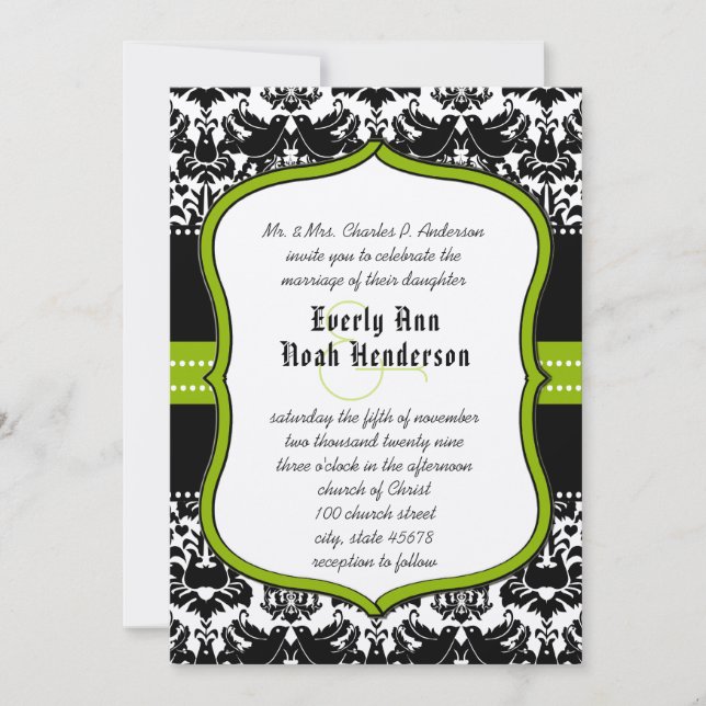 Apple Green Black Love Birds Damask Wedding Einladung (Vorderseite)