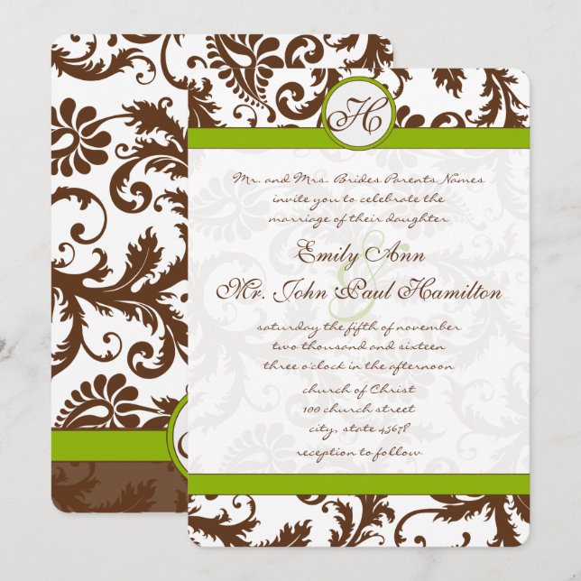 Apple Green & Brown Damask Einladung (Vorne/Hinten)