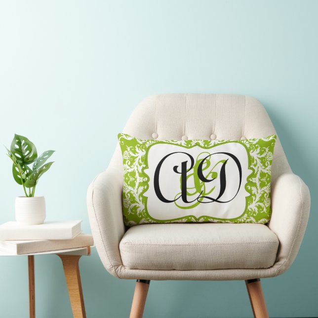 Apple Green Damask Black Monogram Bride's Pillow Lendenkissen (Stuhl )