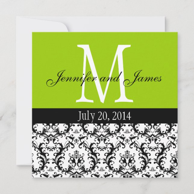 Apple Green Damask Monogramm Hochzeitseinladung Einladung (Vorderseite)