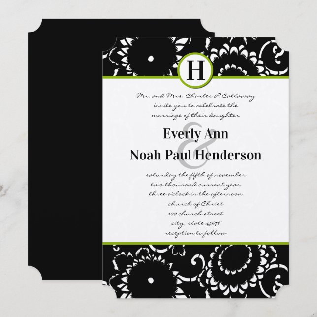 Apple Green Damask Sonnenblumen Einladung Hochzeit (Vorne/Hinten)