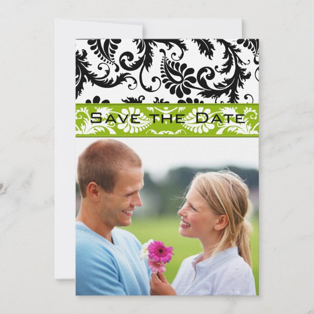 Apple Green Damask Swirls Wedding Save the Date Einladung (Vorderseite)
