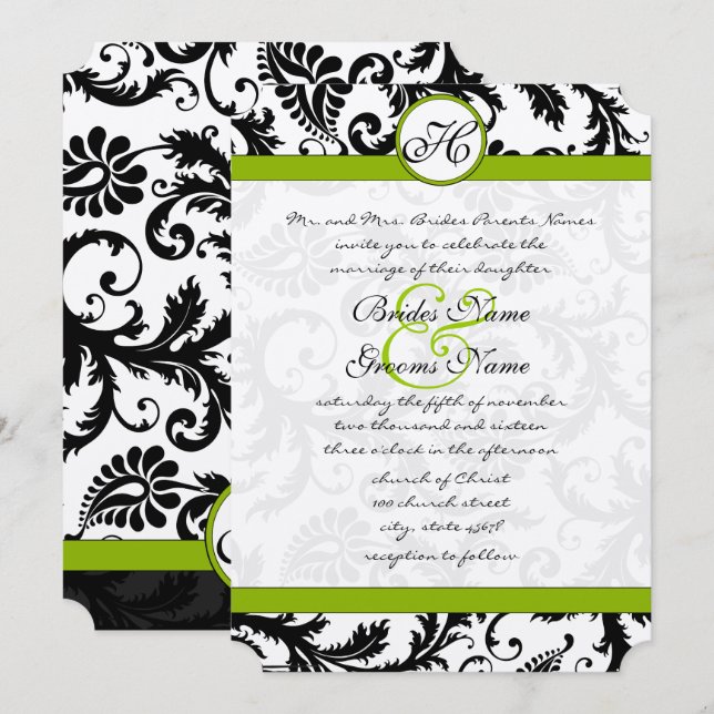 Apple Green Damask Wirbel Hochzeitsfeier Einladung (Vorne/Hinten)