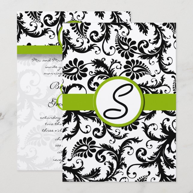 Apple Green Damask Wirbel Hochzeitsfeier Einladung (Vorne/Hinten)